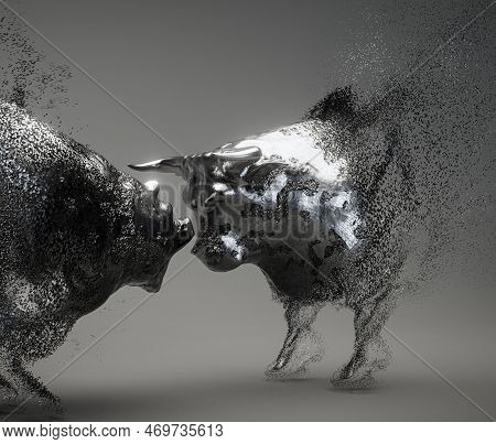 Two Metal Dissolving Castings Depicting A Bull Opposing A Bear In Dark Dramatic Light Representing O