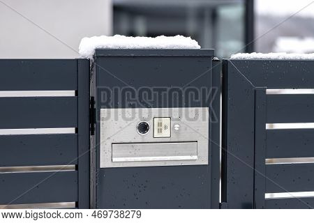 A Modern Videophone With A Letterbox And A Wireless Card Reader, Mounted In Panel Fence In Anthracit