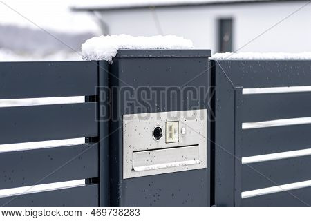 A Modern Videophone With A Letterbox And A Wireless Card Reader, Mounted In Panel Fence In Anthracit