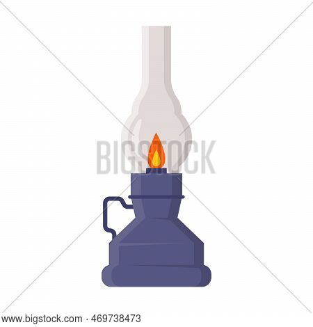 Old Kerosene Lamp With Holder And Burning Candle On White Background. Vintage Lamp Vector Illustrati