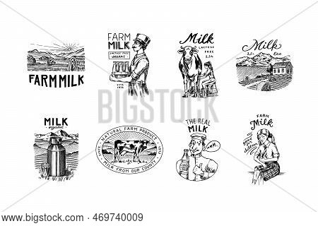Milk Set. Cow And Woman Farmer, Milkmaid And Jug, Blot And Bottles, Packaging And Meadow, Man Holds 