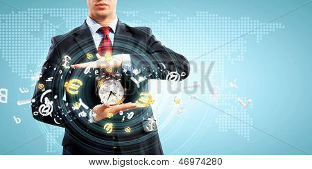 Obraz biznesmen posiadania alarmclock ilustracji tle. Kolaż