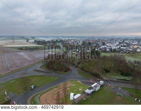 View Over Weiterstadt Braunshardt On A Cloudy, Winter Day With Light Snow