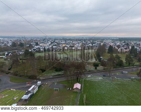 View Over Weiterstadt Braunshardt On A Cloudy, Winter Day With Light Snow