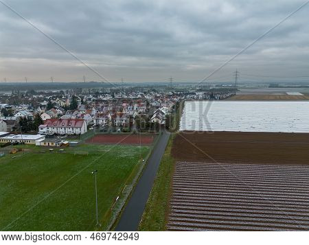 View Over Weiterstadt Braunshardt On A Cloudy, Winter Day With Light Snow
