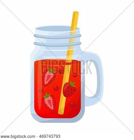 Jar With Strawberry Juice Vector Illustration. Cartoon Drawing Of Cold Tropical Cocktail On White Ba