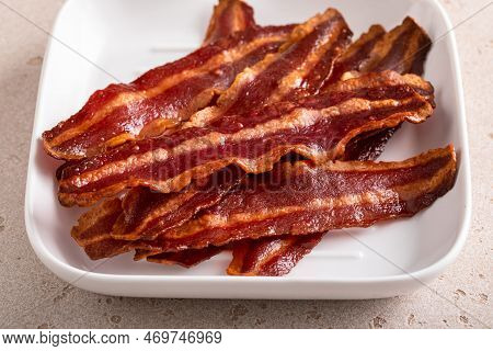 Turkey Bacon Cooked On A White Plate Iron Pan