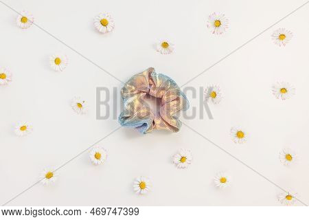Scrunchie And Fresh Daisy Flowers On Whitel Background. Flat Lay, Top View. Diy Accessories, Hairsty