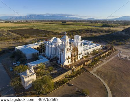 Mission San Xavier Del Bac Aerial View In Tohono O\'odham Nation Indian Reservation Near City Of Tuc