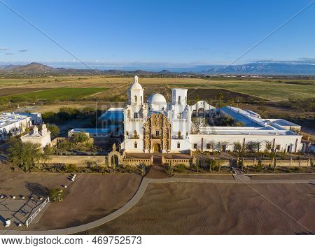 Mission San Xavier Del Bac Aerial View In Tohono O\'odham Nation Indian Reservation Near City Of Tuc