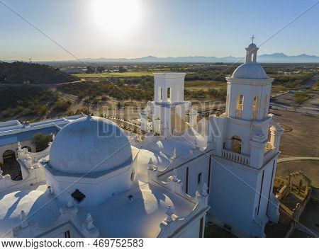 Mission San Xavier Del Bac Aerial View In Tohono O\'odham Nation Indian Reservation Near City Of Tuc