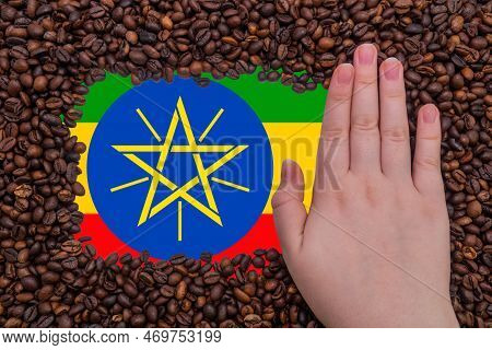 Woman\'s Hand On A Rectangular Frame Of Roasted Coffee Beans Against The Background Of The Flag Of E