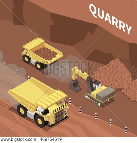 Mining Machinery Working In Quarry 3d Isomtric Vector Illustration