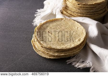Corn Tortillas. Food Made With Nixtamalized Corn, A Staple Food In Several American Countries, An Es