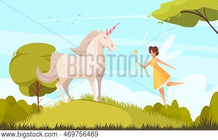 Fairy Tale Background With Unicorn And Flying Fairy Flat Vector Illustration