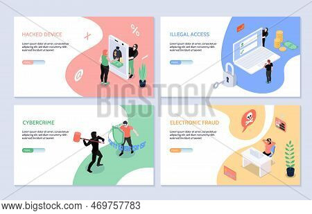 Isometric Horizontal Set Of Four Cyber Security  And Hacker Attacks Banners 3d Isolated Vector Illus