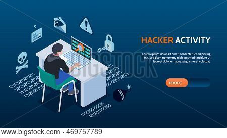 Cyber Security Isometric Horizontal Banner With Hacker Sitting In Front Of Computer On Blue Backgrou