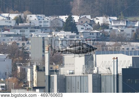 Zurich, Switzerland, January 19, 2023 Bell 429 Global Ranger Helicopter Is Arriving At The Internati