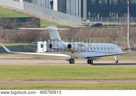 Zurich, Switzerland, January 19, 2023 Gulfstream G650er Business Aircraft Is Parking On The Apron Du