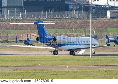 Zurich, Switzerland, January 19, 2023 Gulfstream G650er Business Aircraft Is Parking On The Apron Du