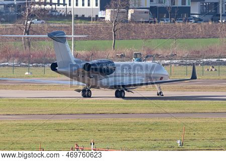 Zurich, Switzerland, January 19, 2023 Gulfstream G650er Business Aircraft Is Parking On The Apron Du