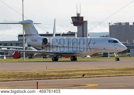 Zurich, Switzerland, January 19, 2023 Gulfstream G650-er Business Aircraft Is Parking On The Apron D