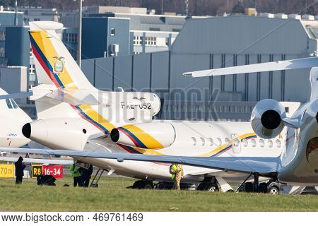 Zurich, Switzerland, January 19, 2023 Ecuadorian Dessault Falcon-7x Government Aircraft Is Parking O
