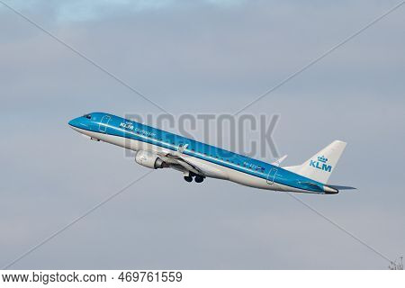 Zurich, Switzerland, January 19, 2023 Klm Royal Dutch Airlines Embraer E190-std Aircraft Takeoff Fro