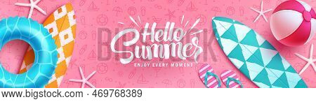 Summer Banner Background. Hello Summer Text With Surfboard And Floater Beach Element In Pattern Desi