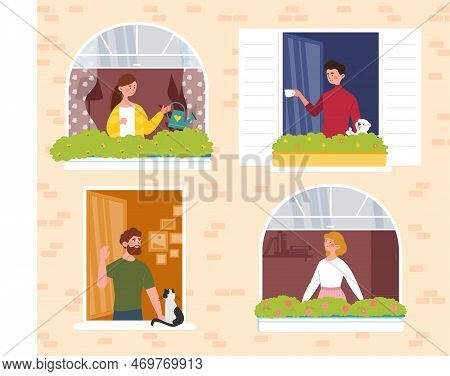 Neighbors In Open Window. Man With Cat, Young Guy With Cup Of Coffee Or Tea And Girl Watering Flower