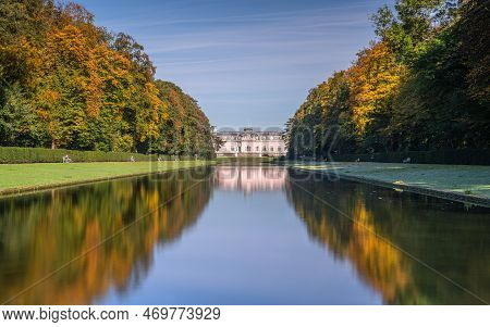 Dusseldorf, Germany - October 19, 2022: Panoramic Image Of Benrath Castle During Autumn Against Blue