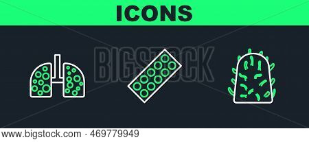 Set Line Rabies Virus, Virus Cells In Lung And Pills Blister Pack Icon. Vector