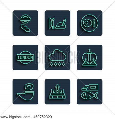Set Line Smoking Pipe, British Crown, Fish And Chips, Breakfast, Cloud With Rain, London Sign, Under
