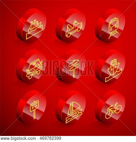 Set Line Cruise Ship, Tow Truck, Train And Railway, Car, Road Traffic Signpost, Cargo, And Yacht Sai