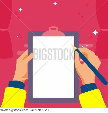 Illustration With Hands Holdings Paper And Pencil Writing Text. Brand Nes Infromation. Empty Space F
