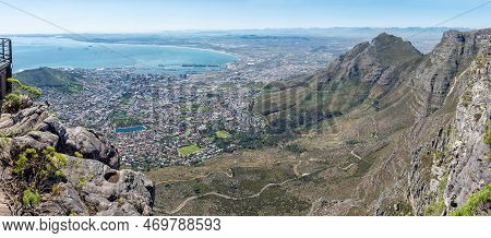 Panorama Of The Cape Town City Bowl As Seen From Table Mountain. Devils Peak, The City Centre And Ha