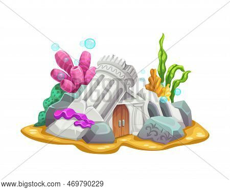 Underwater Ancient City House Building. Vector Mermaid Dwelling With Ruined Column, Wooden Door, Arc
