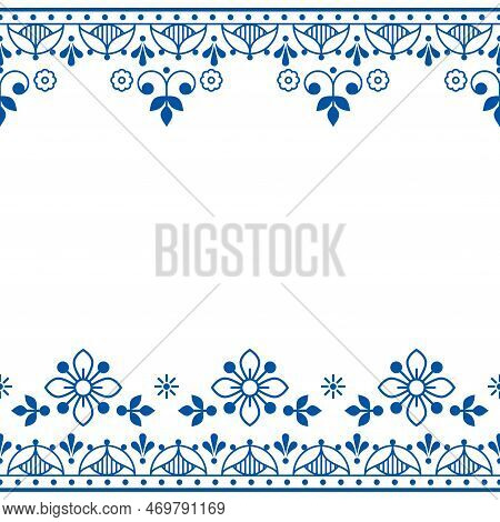 Scandinavian Folk Art Outline Vector Greeting Card And Seamless Texttile Pattern, Navy Blue Retro De