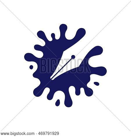 Feather Pen Over Inkblot Graphic Sign Isolated On White Background. Writer Logo Template. Vector Ill