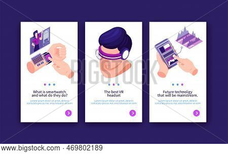 Isometric Technologies Future Vertical Banner With Page Switch Buttons Text And Human Body Parts Wit