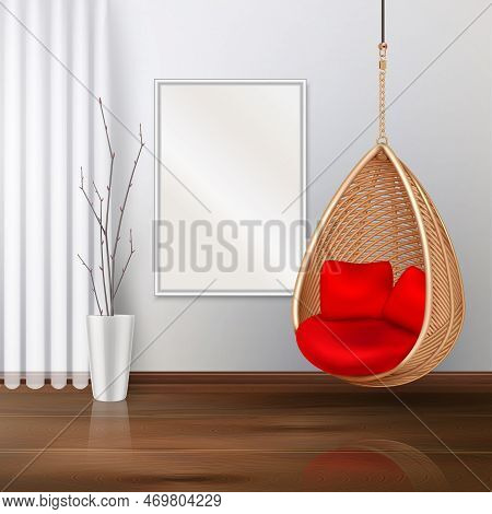 Wicker Hanging Swing Chair Interior Realistic Composition With Indoor Scenery And Soft Lounge With R