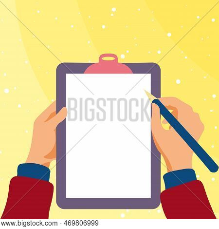 Illustration With Hands Holdings Paper And Pencil Writing Text. Brand Nes Infromation. Empty Space F