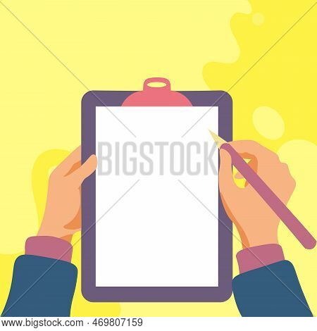 Illustration With Hands Holdings Paper And Pencil Writing Text. Brand Nes Infromation. Empty Space F