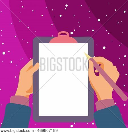 Illustration With Hands Holdings Paper And Pencil Writing Text. Brand Nes Infromation. Empty Space F