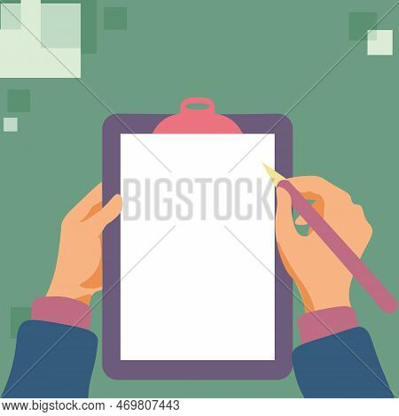 Illustration With Hands Holdings Paper And Pencil Writing Text. Brand Nes Infromation. Empty Space F
