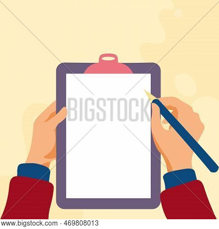 Illustration With Hands Holdings Paper And Pencil Writing Text. Brand Nes Infromation. Empty Space F