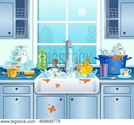 Dirty Kitchen Background With Plates Cups And Soap Flat Vector Illustration