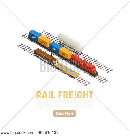 Train Railway Station Isometric Background With Editable Text Read More Button And Goods Train Carri