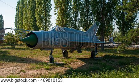 Supersonic Aircraft Mig 21. Combat Fighter Installed In The Victory Park Of Nizhny Novgorod On The G