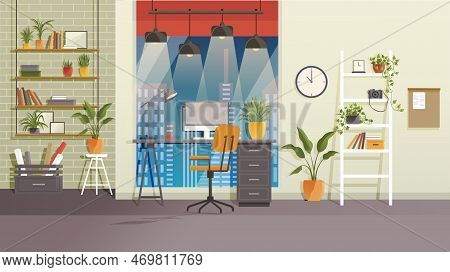Workplace Room, Modern Interior, Cabinet At Night. Premises With Computer. Colorful Vector In Flat S
